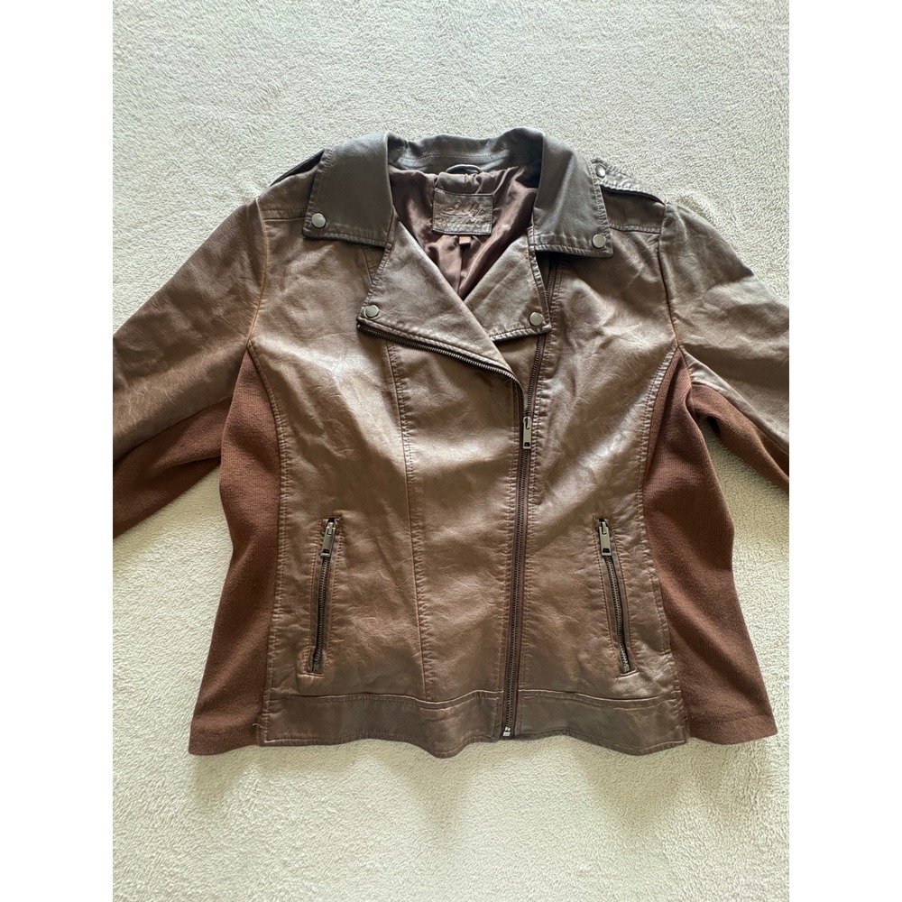 Sebby Collection Brown Faux Leather Moto Jacket Mixed Media Whiskey Women's XXL